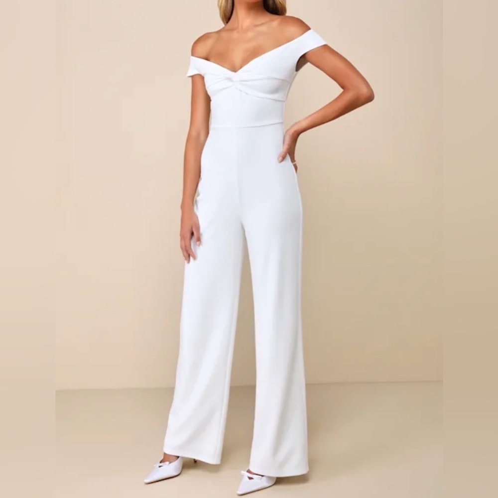 Lulus XS Stunning Existence White Off-the-shoulder Knot-front Jumpsuit - Size XS
